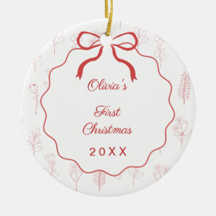 Baby's First Christmas photo bow wildflowers red Ceramic Ornament