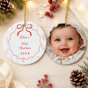 Baby's First Christmas photo bow wildflowers red Ceramic Ornament