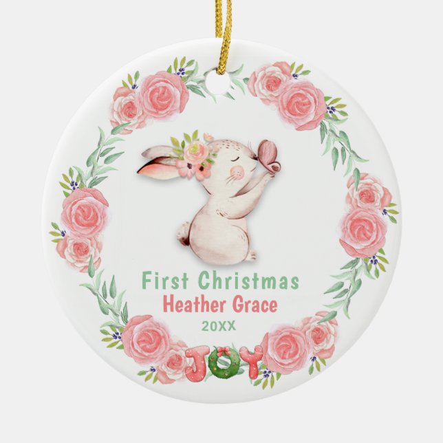 Babys First Christmas Photo Bunny Personalised Ceramic Ornament (Front)