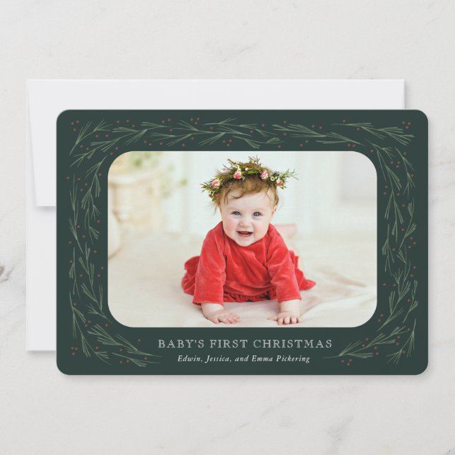 Baby's First Christmas Photo Card Watercolor Pine (Front)