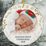 Baby's First Christmas Photo  Ceramic Ornament<br><div class="desc">This elegant Christmas Ornament is decorated with gold foliage on a white background.
Easily customisable with baby's name,  year and photo.
Please note that the small white stars are not included in the design.
Original Watercolor © Michele Davies.</div>