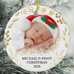 Baby's First Christmas Photo  Ceramic Ornament<br><div class="desc">This elegant Christmas Ornament is decorated with gold foliage on a white background.
Easily customisable with baby's name,  year,  and photo.
Please note that the small white stars are not included in the design.
Original Watercolor © Michele Davies.</div>