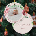 Baby's first Christmas photo Ceramic Ornament<br><div class="desc">Watercolor blush pink flowers,  green foliage,  and leaves and a classy handwritten style calligraphy script making a beautiful baby girl 1st Christmas photo personalised keepsake pink tree ornament.</div>