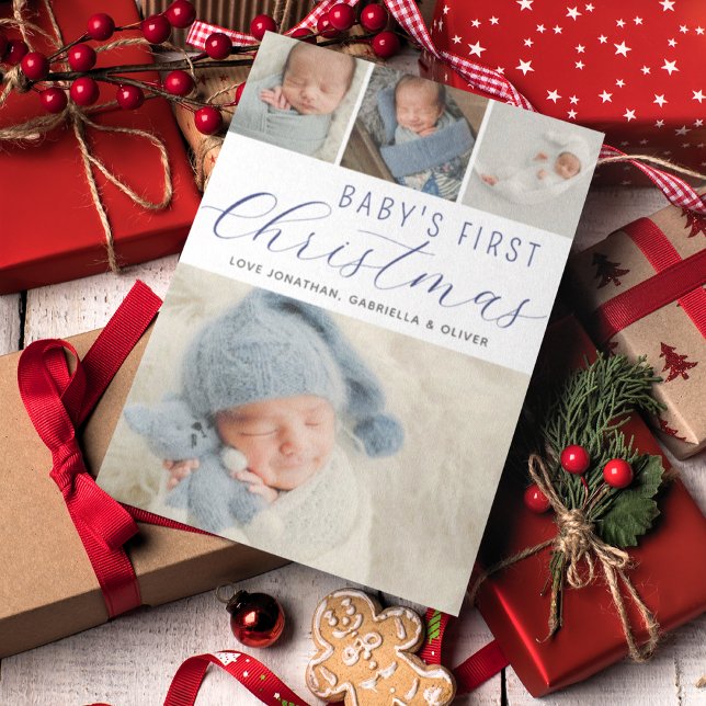 Babys First Christmas Photo Collage Blue Holiday Card (Creator Uploaded)