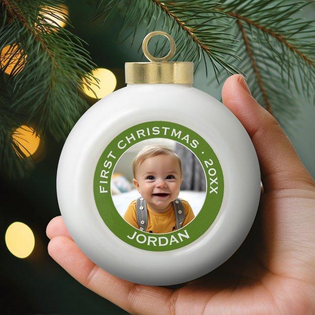 Baby's First Christmas Photo Custom Name and Year Ceramic Ball Christmas Ornament (Personalized Photo Ornament)