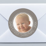 Baby's First Christmas Photo Custom Name and Year Classic Round Sticker<br><div class="desc">Perfect gift for new parents or grandparents. A keepsake that highlights one picture and personalised text.</div>