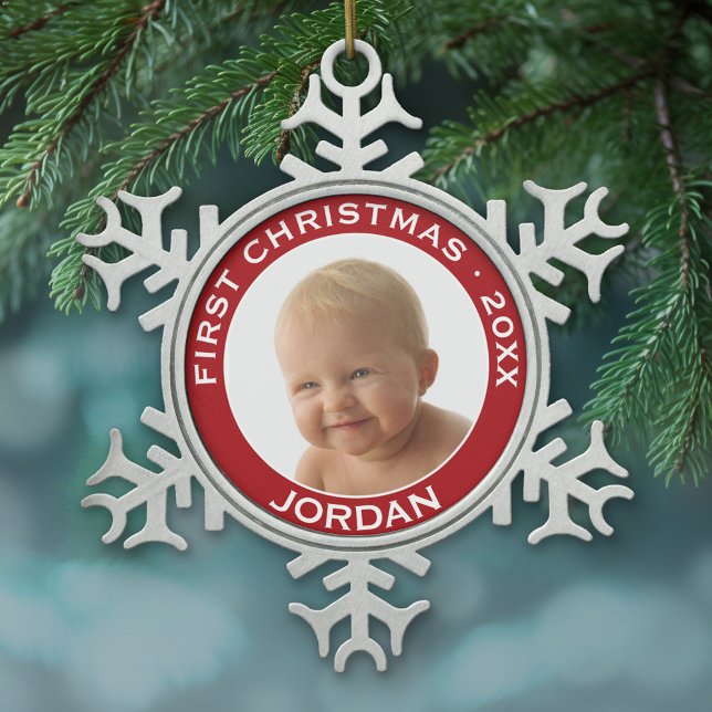 Baby's First Christmas Photo Custom Name and Year Snowflake Pewter Christmas Ornament (Personalized pewter Christmas Ornament - Baby's First Christmas)