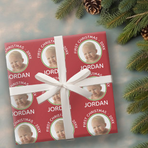 Baby's First Christmas Photo Custom Name and Year Wrapping Paper