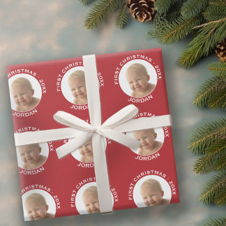 Baby's First Christmas Photo Custom Name and Year Wrapping Paper