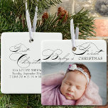 Baby's First Christmas Photo Elegant Calligraphy Ceramic Ornament<br><div class="desc">Baby's First Christmas photo ornament which you can personalise with your favourite photo and custom wording on the back. Elegant typographic design lettered with Baby's First Christmas in swirly calligraphy and classic print.</div>