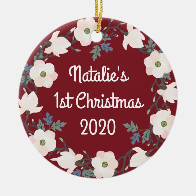 Baby's First Christmas Photo Floral Wreath Ceramic Ornament (Front)