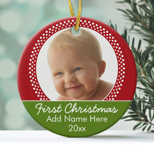 Baby's First Christmas Photo Frame - Red and Green Ceramic Ornament