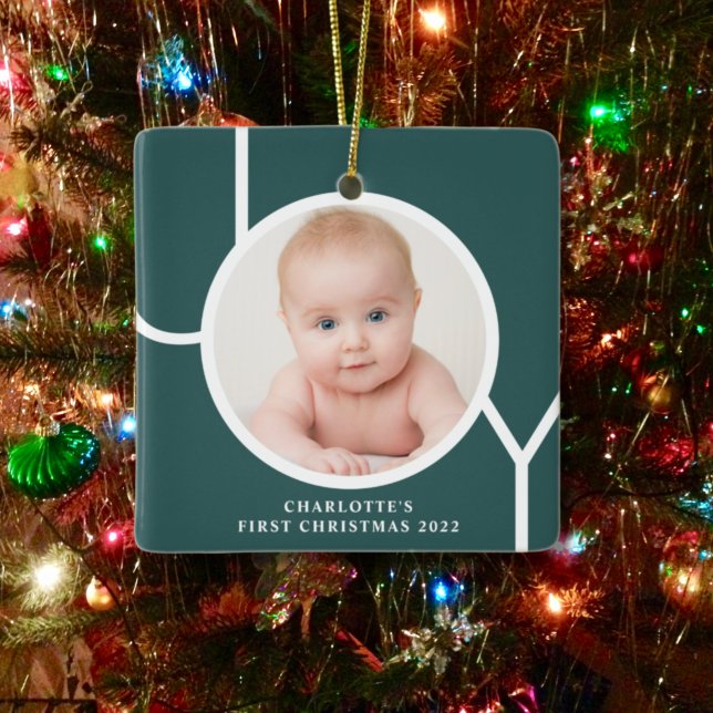 Baby's First Christmas Photo Green  Ceramic Ornament (Creator Uploaded)
