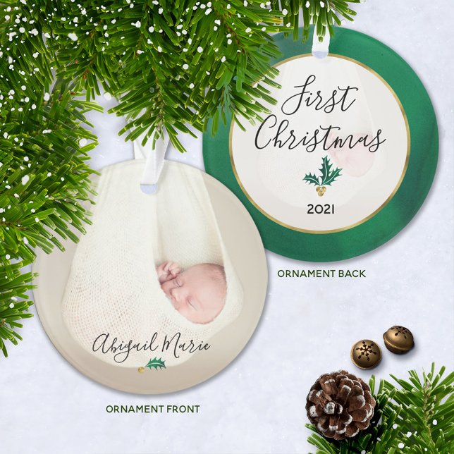 Baby's First Christmas Photo Green & Gold Holly Ornament (Creator Uploaded)