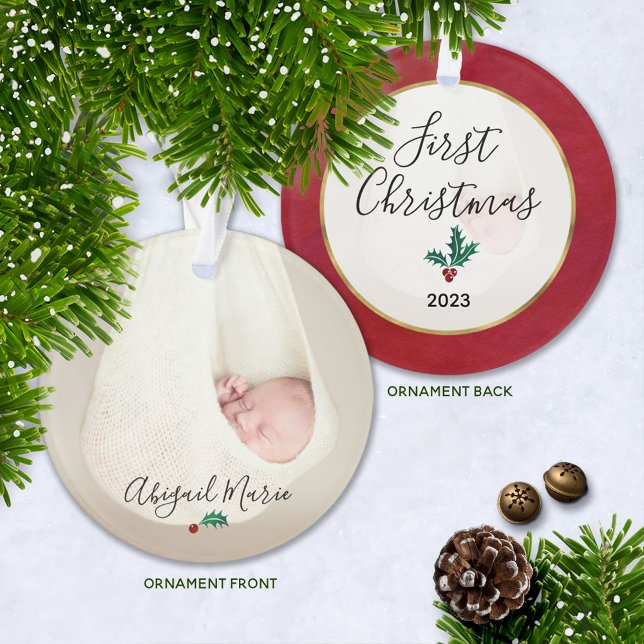 Baby's First Christmas Photo Green &  Red Holly Ornament (Keepsake Baby's First Christmas Ornament with Year and Baby's Name)