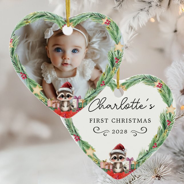 Baby's First Christmas–Photo-Heart-Racoon Ceramic Ornament (Baby's First Christmas–Photo-Heart-Racoon Ceramic Ornament)