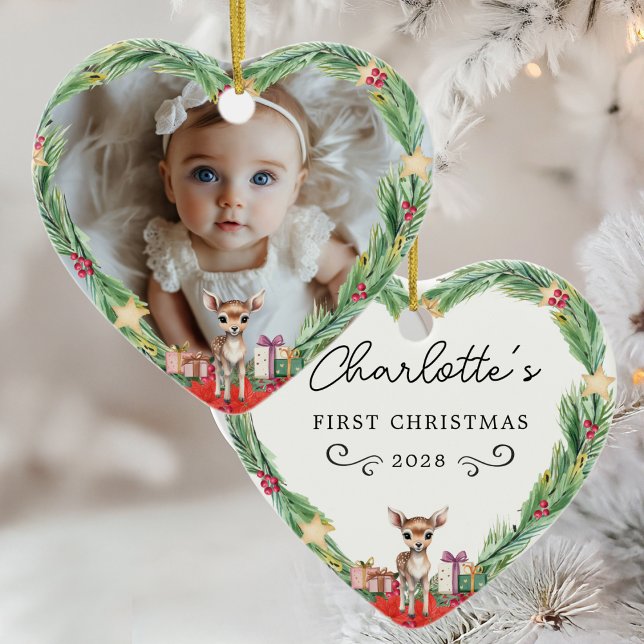 Baby's First Christmas–Photo-Heart-Reindeer Ceramic Ornament (Baby's First Christmas–Photo-Heart-Reindeer Ceramic Ornament)