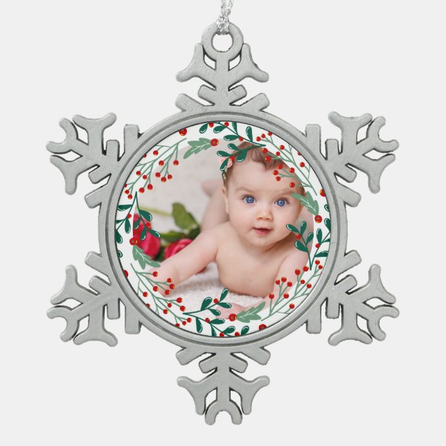 Baby's first christmas photo holiday cherry  snowflake pewter christmas ornament (Front)