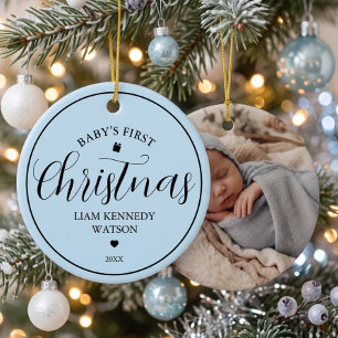 Baby's First Christmas Photo Keepsake Blue Ceramic Ornament