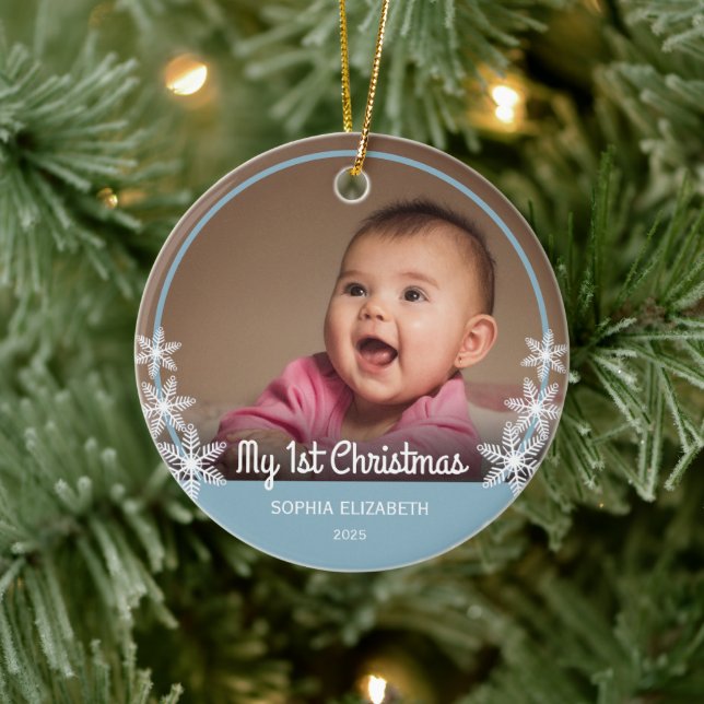 Baby's First Christmas Photo Light Blue Ceramic Ornament (Tree)
