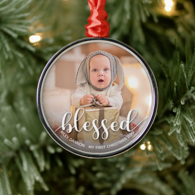 Baby's First Christmas Photo Metal Ornament (Tree)