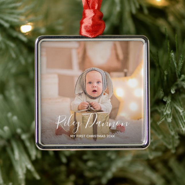 Baby's First Christmas Photo Metal Ornament (Tree)