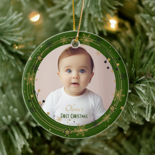 Baby's First Christmas Photo Name Custom Garland Ceramic Ornament