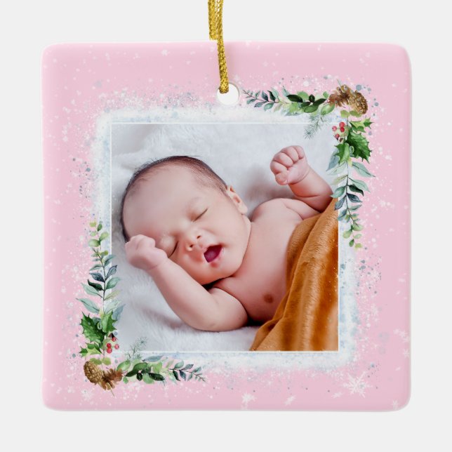 Baby's First Christmas Photo Name Date of Birth Ceramic Ornament (Front)