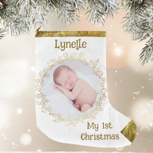 Baby's First Christmas, Photo, Name, Gold, White Large Christmas Stocking