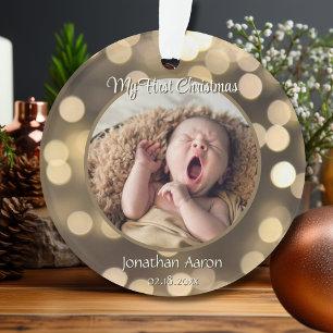 Baby's First Christmas Photo Name Golden Keepsake Ornament