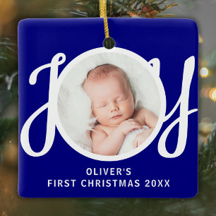 Baby's First Christmas Photo Name Keepsake Blue Ceramic Ornament