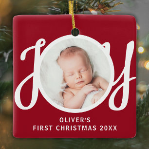 Baby's First Christmas Photo Name Keepsake Red Ceramic Ornament