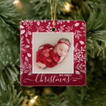 Baby's First Christmas Photo on Cranberry Ceramic Ornament<br><div class="desc">Your favorite photo on white leaves, berries and dots and ANY COLOR background (we show red.) TIP: Upload a high resolution, photo cropped to square shape. This Christmas ornament makes a memorable gift for family and friends or create just for yourself - great party favors, too! Double-sided - add any...</div>