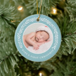 Baby's First Christmas Photo Ornament | Blue<br><div class="desc">Create a special keepsake for baby's very first Christmas with this stylish photo ornament in light blue and white!  Text templates on the back for name and year.</div>