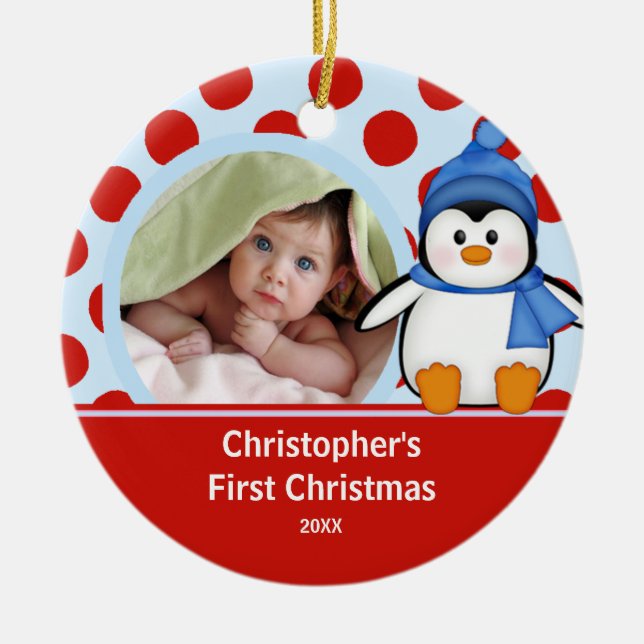 Baby's First Christmas Photo Ornament Penguin (Front)