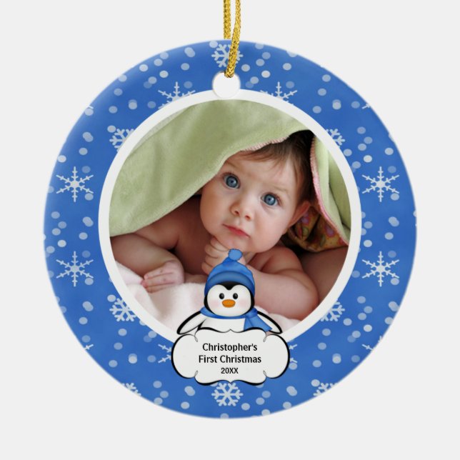 Babys First Christmas Photo Ornament Penguin (Front)