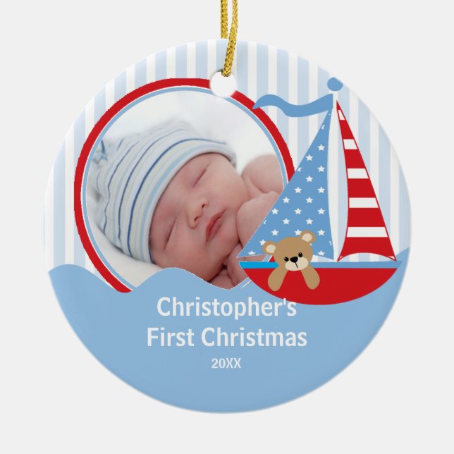 Babys First Christmas Photo Ornament Sailboat (Front)