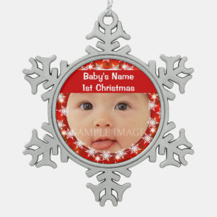 Baby's first christmas photo personalise snowflake pewter christmas ornament
