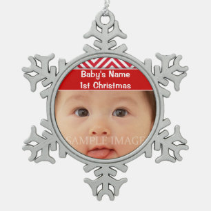 Baby's first christmas photo personalise snowflake pewter christmas ornament