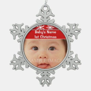 Baby's first christmas photo personalise snowflake pewter christmas ornament