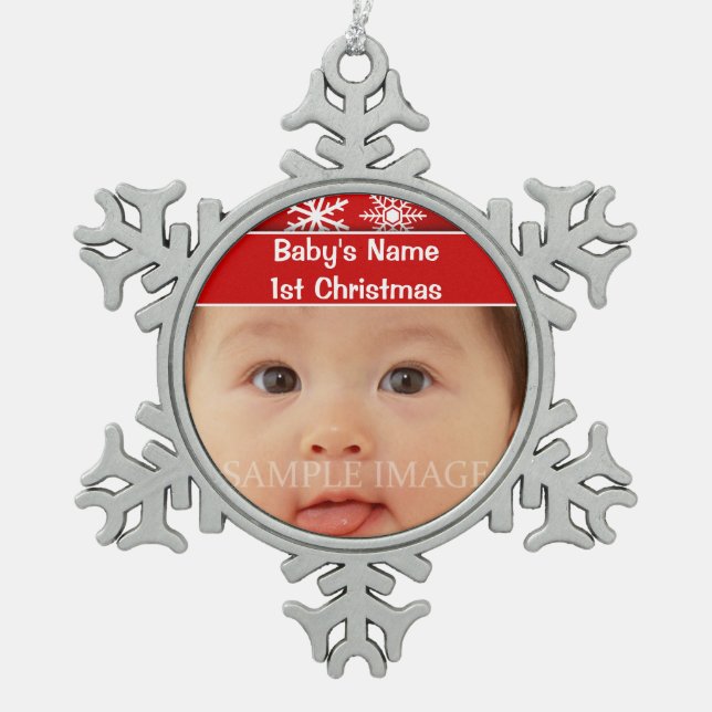 Baby's first christmas photo personalise snowflake pewter christmas ornament (Front)