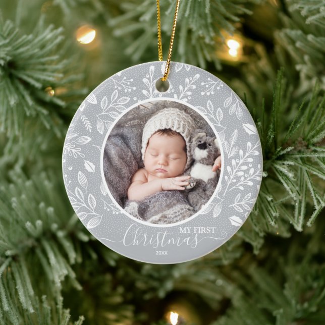 Baby's First Christmas Photo Pewter Ceramic Ornament (Tree)
