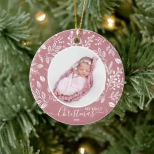 Baby's First Christmas Photo Pink Ceramic Ornament