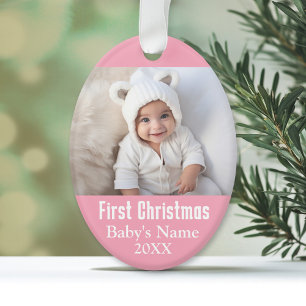 Baby's First Christmas Photo Pink Girl Background Ornament