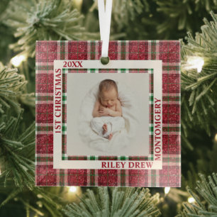 Baby's First Christmas Photo Plaid Glass Tree Decoration