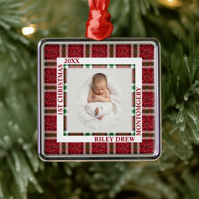 Baby's First Christmas Photo Plaid Metal Ornament (Tree)