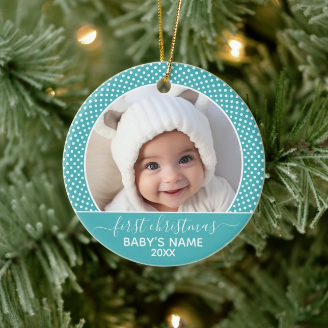 Baby's First Christmas Photo Polka Dot Calligraphy Ceramic Ornament (Tree)