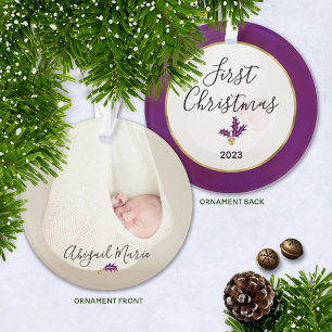Baby's First Christmas Photo Purple & Gold Ornament
