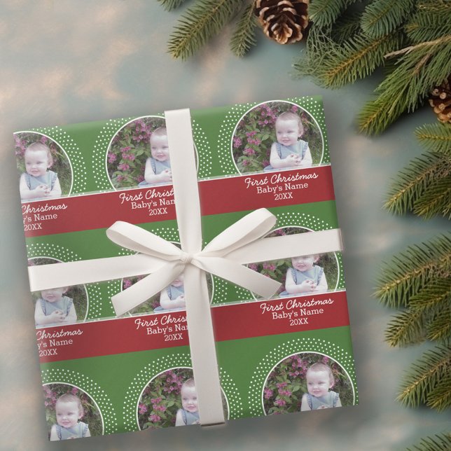 Baby's First Christmas Photo - Red and Green Wrapping Paper (Personalized Wrapping paper - 1 Photo)
