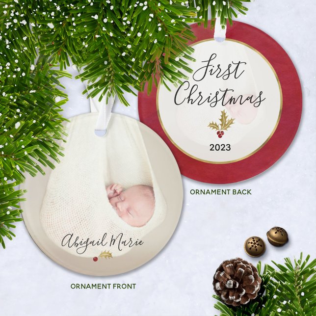 Baby's First Christmas Photo Red & Gold Holly Ornament (Keepsake Baby's First Christmas Photo Ornament with Baby's Name and Year )